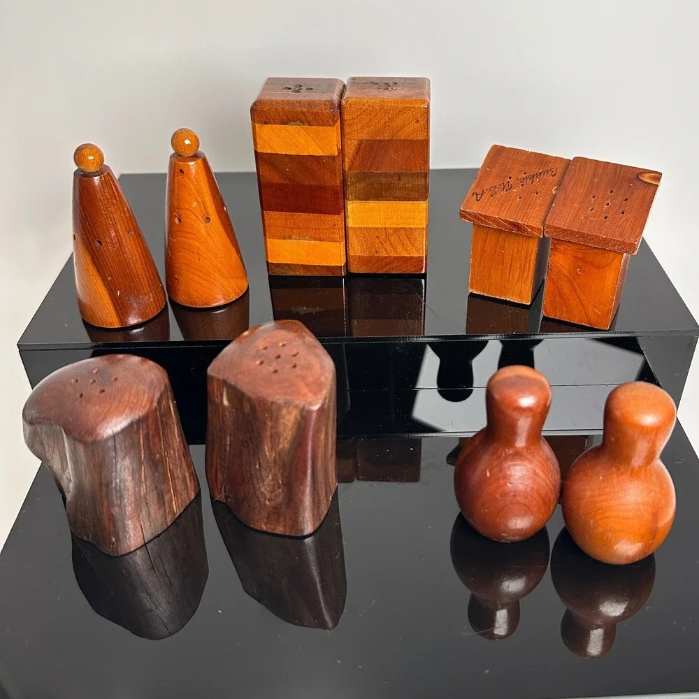 Vintage Salt Pepper Shaker Set Lot of 5 Wood Inlay Souvenir Novelty Rustic Mini